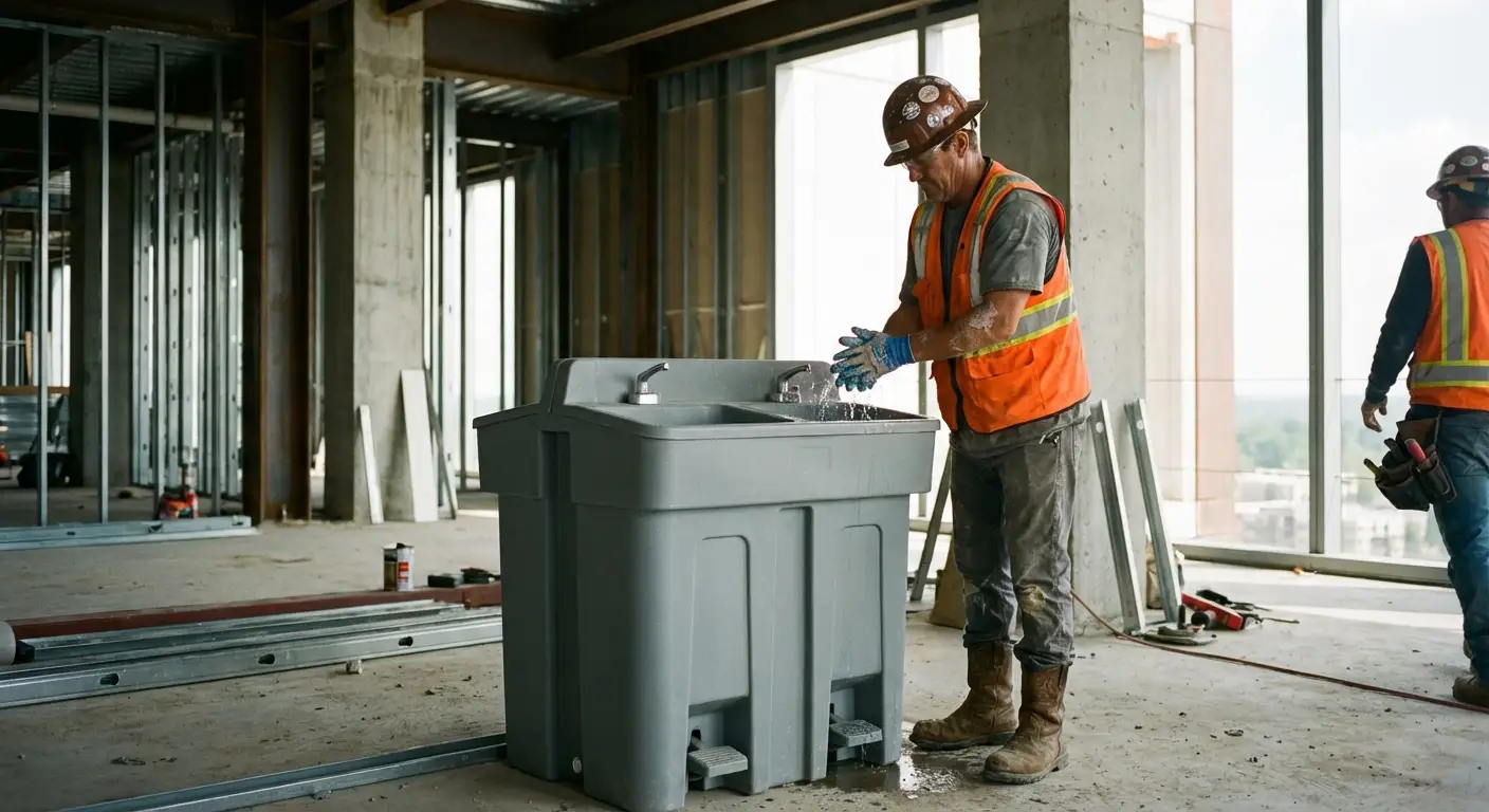 A dual-basin hand wash station positioned on a concrete floor of a high-rise construction site with the city skyline visible through open steel framing. in Arlington, TX