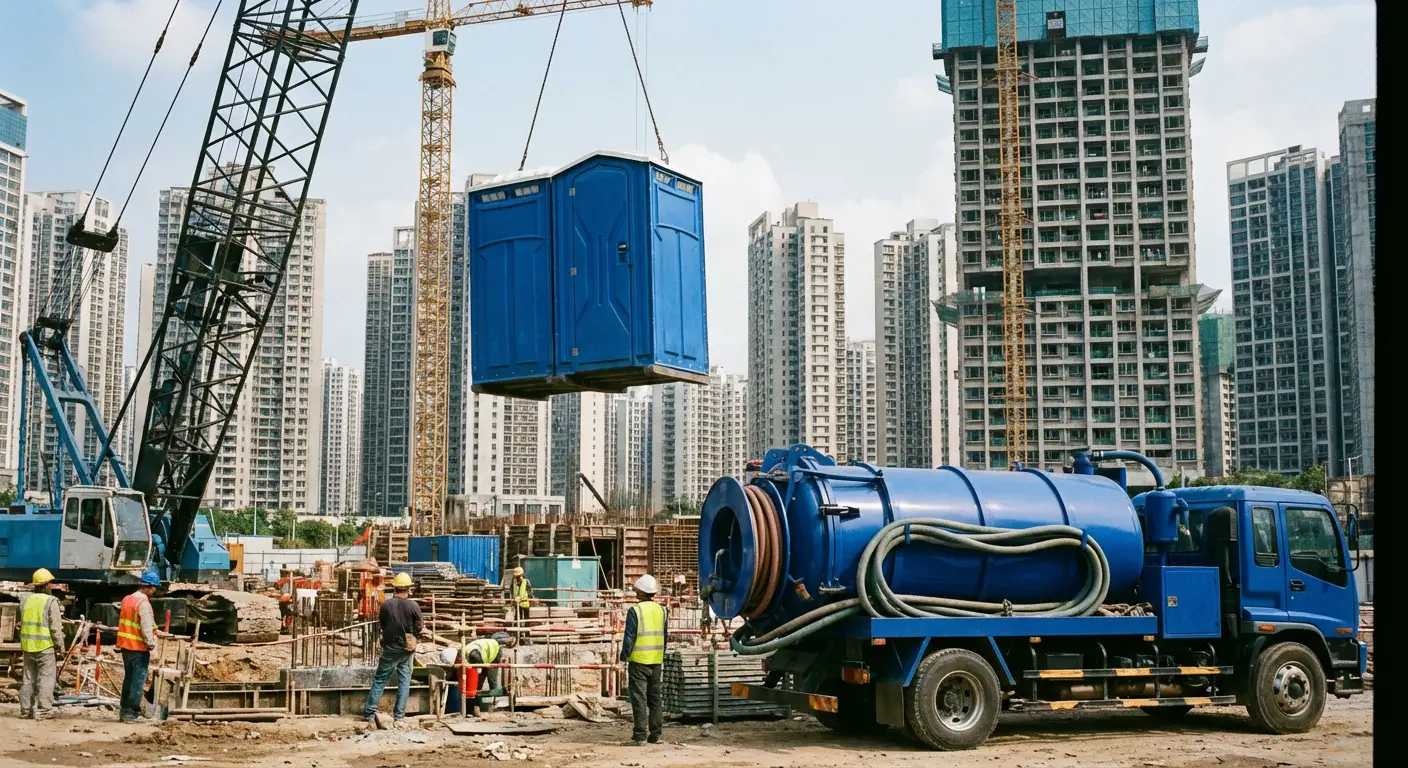 A High-Rise Crane Liftable Toilet unit suspended in mid-air by a crane against a city skyline during the day, showcasing the steel sling attachment. in Arlington, TX