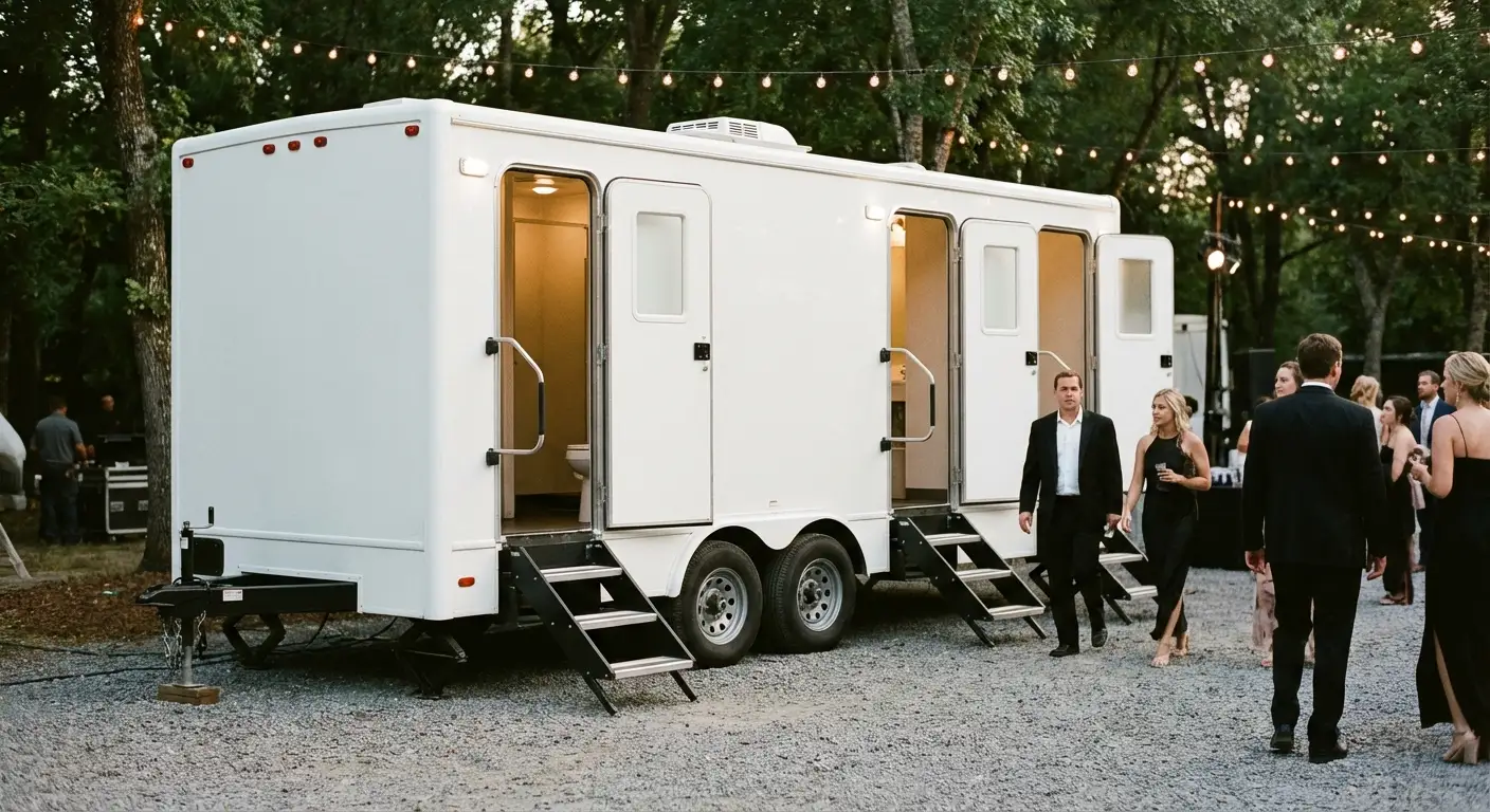 Exterior of a Luxury Restroom Trailer at an evening event, warm lighting spilling from the door, positioned discreetly near a manicured lawn. in Arlington, TX