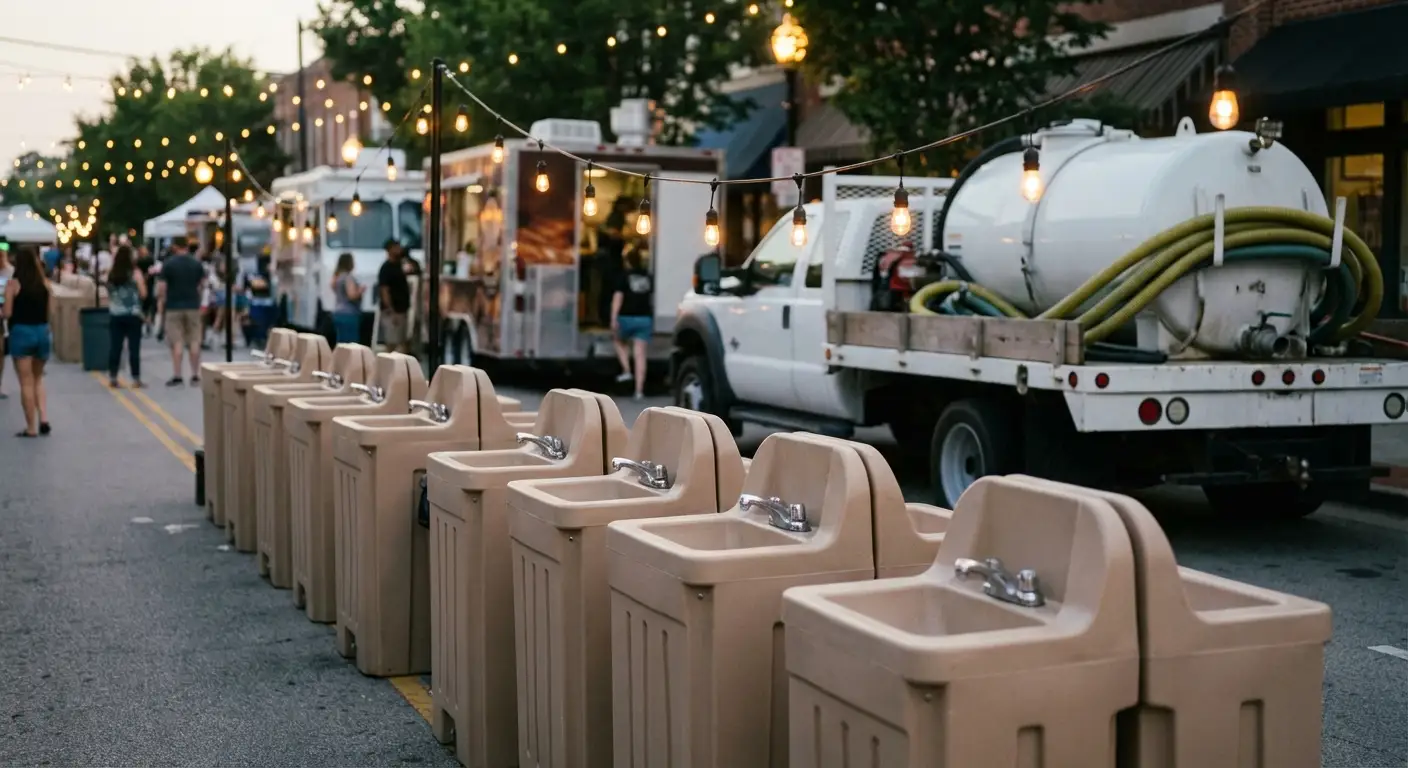 A row of clean, grey portable hand wash stations set up on pavement near food trucks, with blurred festival lights and crowd in the background. in Arlington, TX