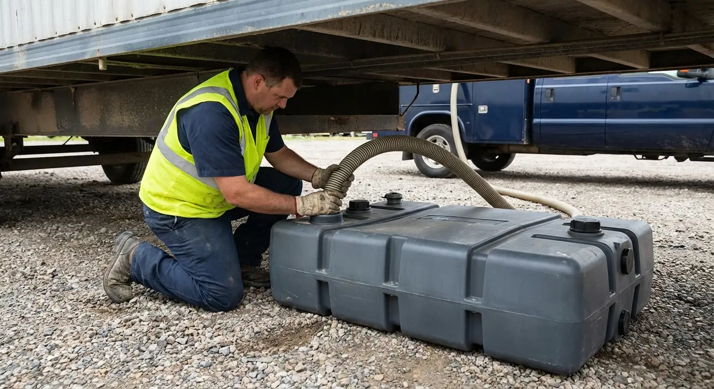 Mid-Cities Portables vacuum truck servicing a waste holding tank at a construction site in Arlington, TX
