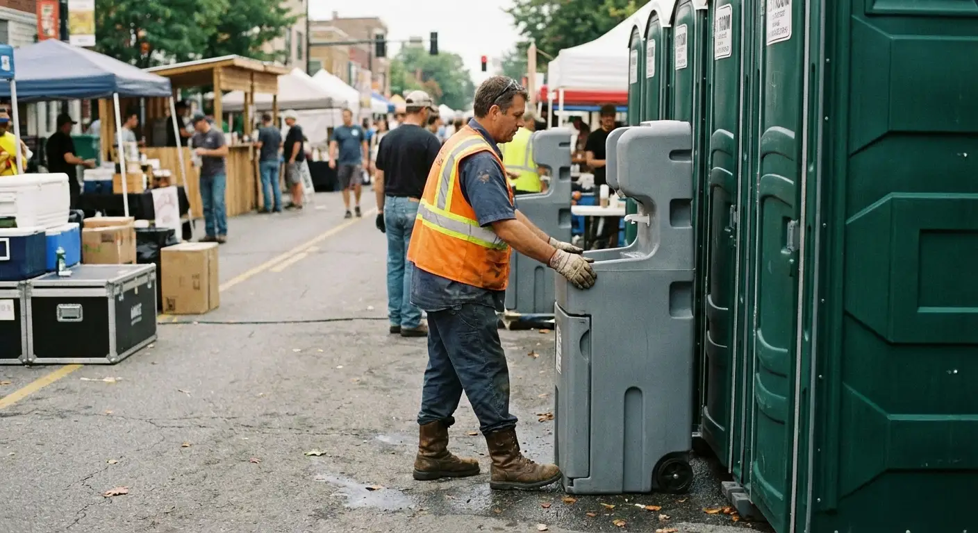 A row of pristine Special Event Portable Restrooms and hand wash stations lined up along a festival barrier with blurred crowds in the background. in Arlington, TX