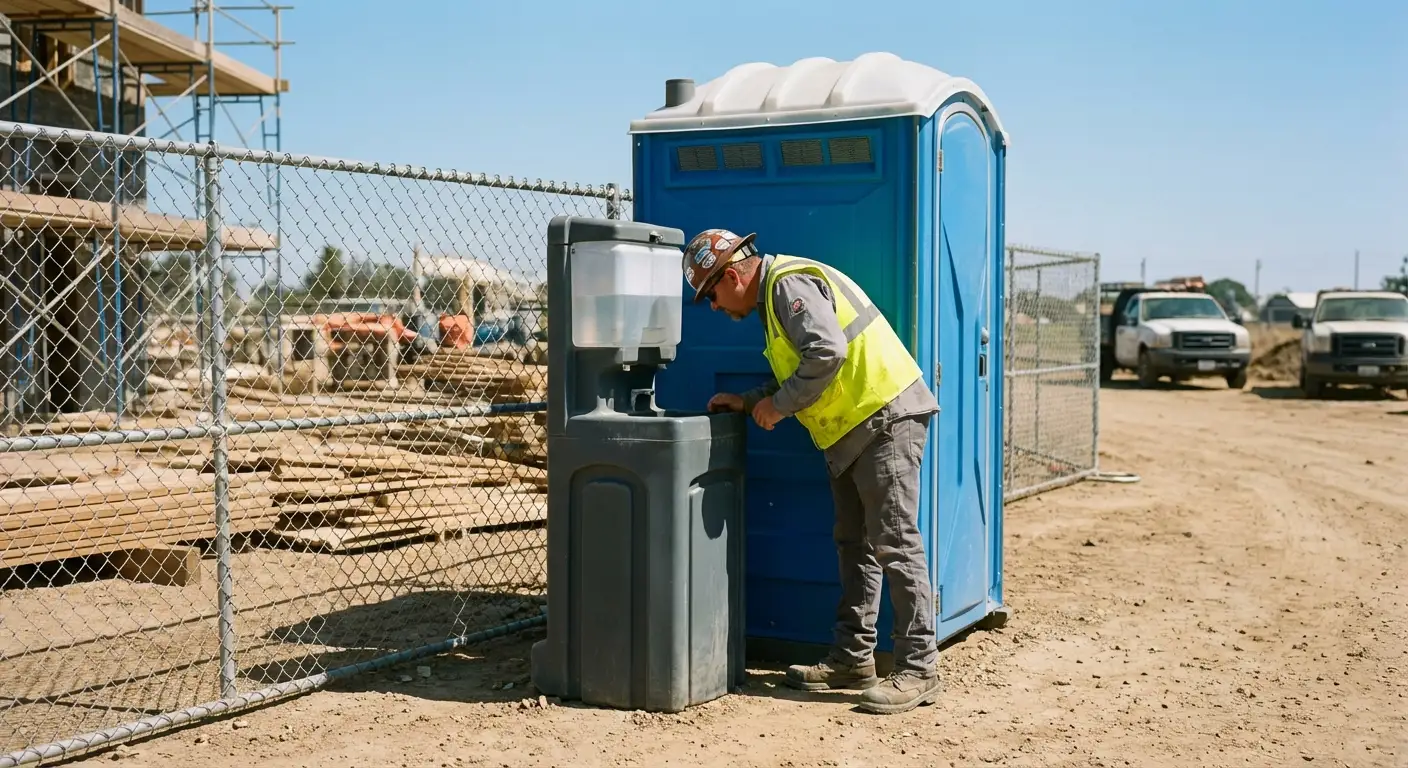 A close-up view of a portable hand wash station next to a portable toilet on a dirt construction site, focusing on the foot pump mechanism. in Arlington, TX
