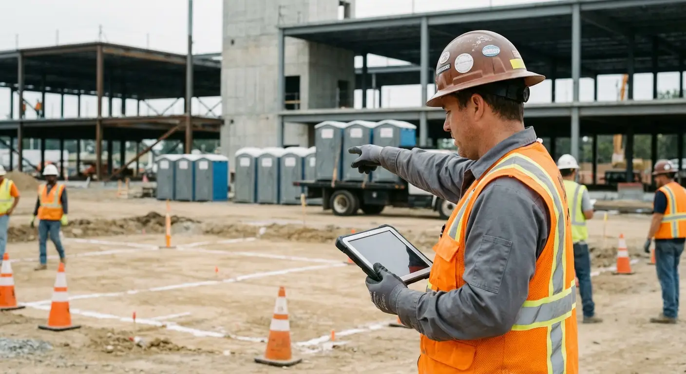 Construction site portable toilet placement planning in Arlington, TX