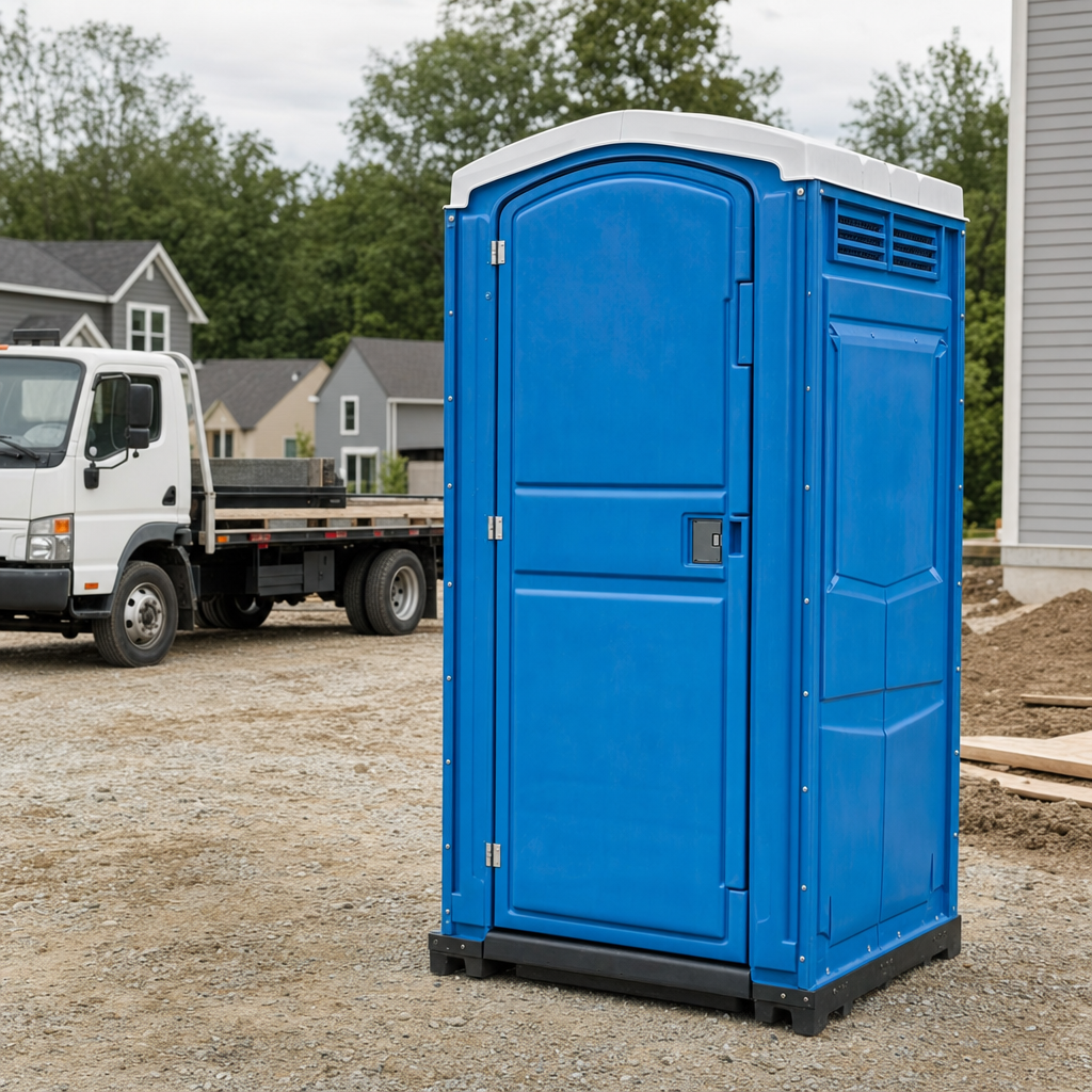 Delivery driver positioning a clean royal-blue portable toilet on level ground at a Arlington worksite