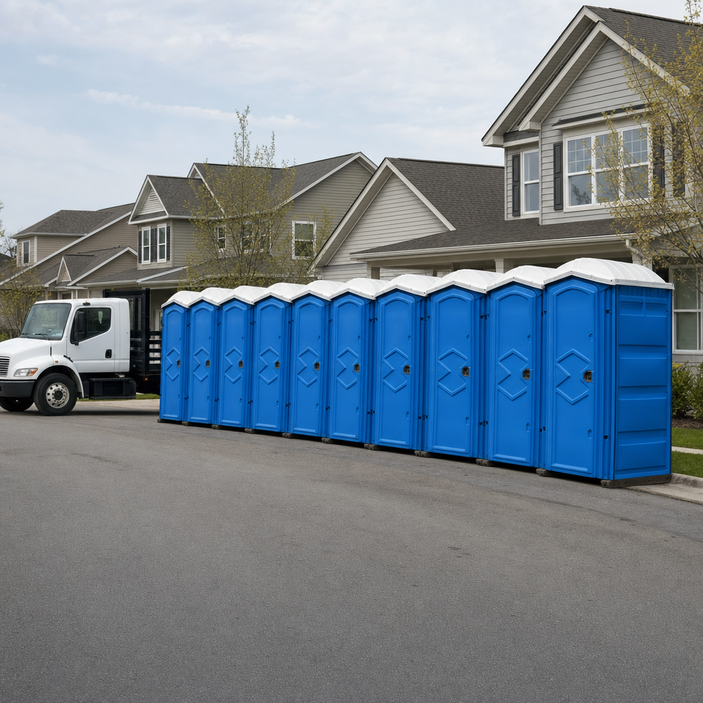 Royal blue portable toilets staged in a tidy row at a Arlington jobsite, ready for delivery